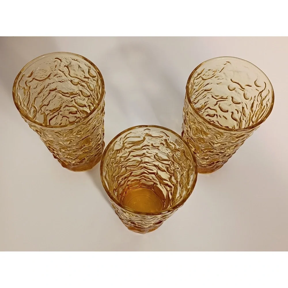 Vintage Anchor Hocking Amber Honey Gold Lido Milano Glasses Crinkle Lot of 3